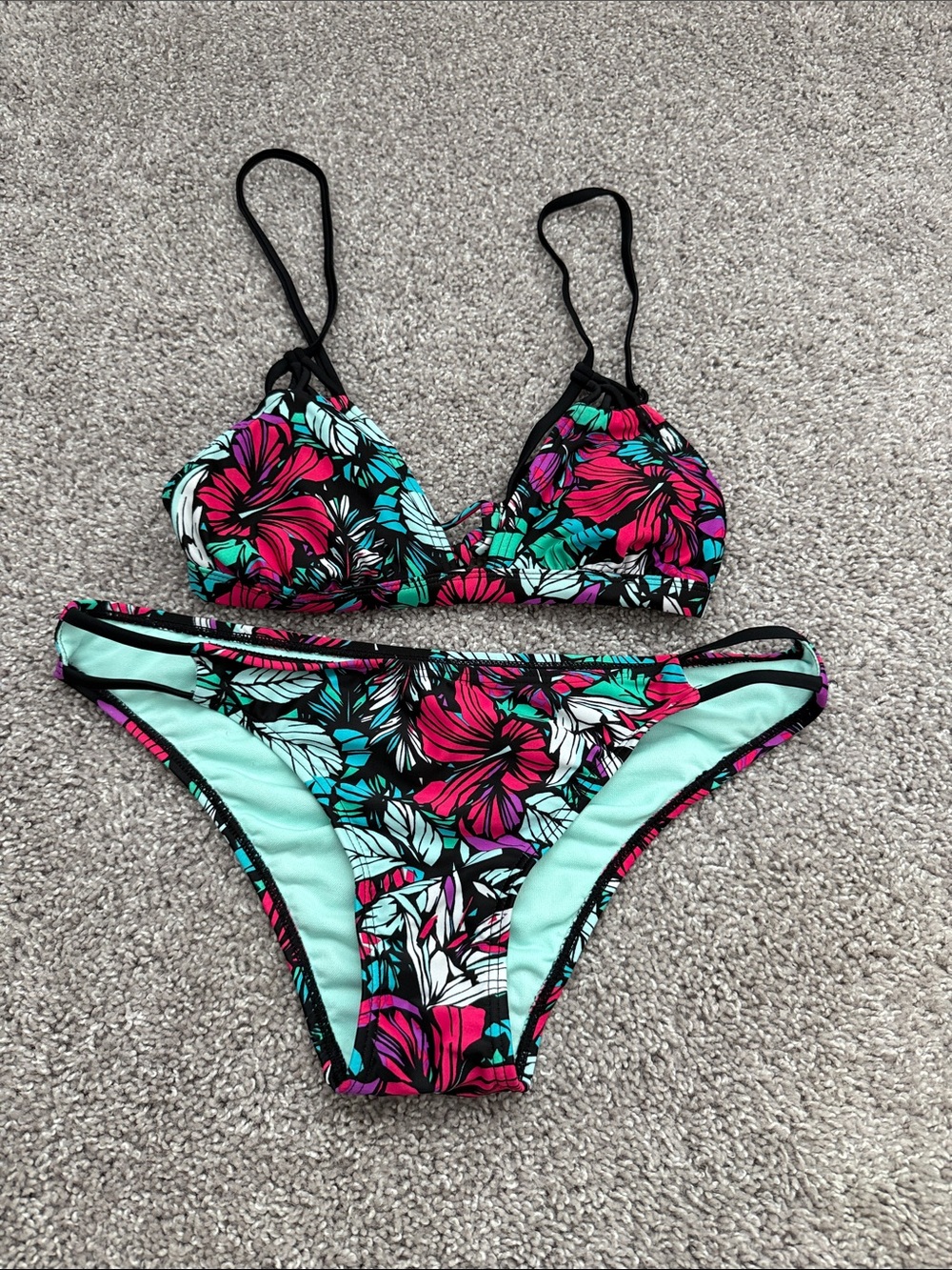 Xhilaration Black Bikini with Pink and Teal Floral Print